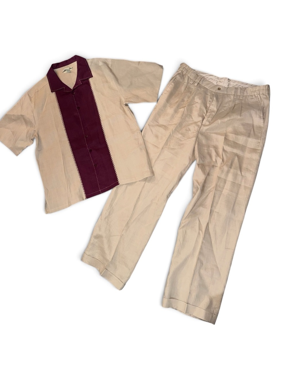 Mojito Collection Men’s 100% Linen 2PC Shirt & Pants Set 2XL 42x34 Burgundy